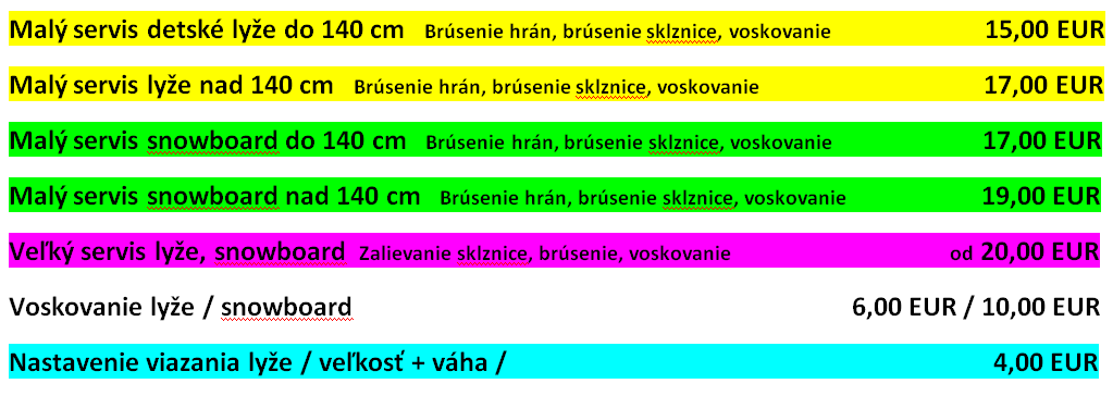 Cenník ski servis